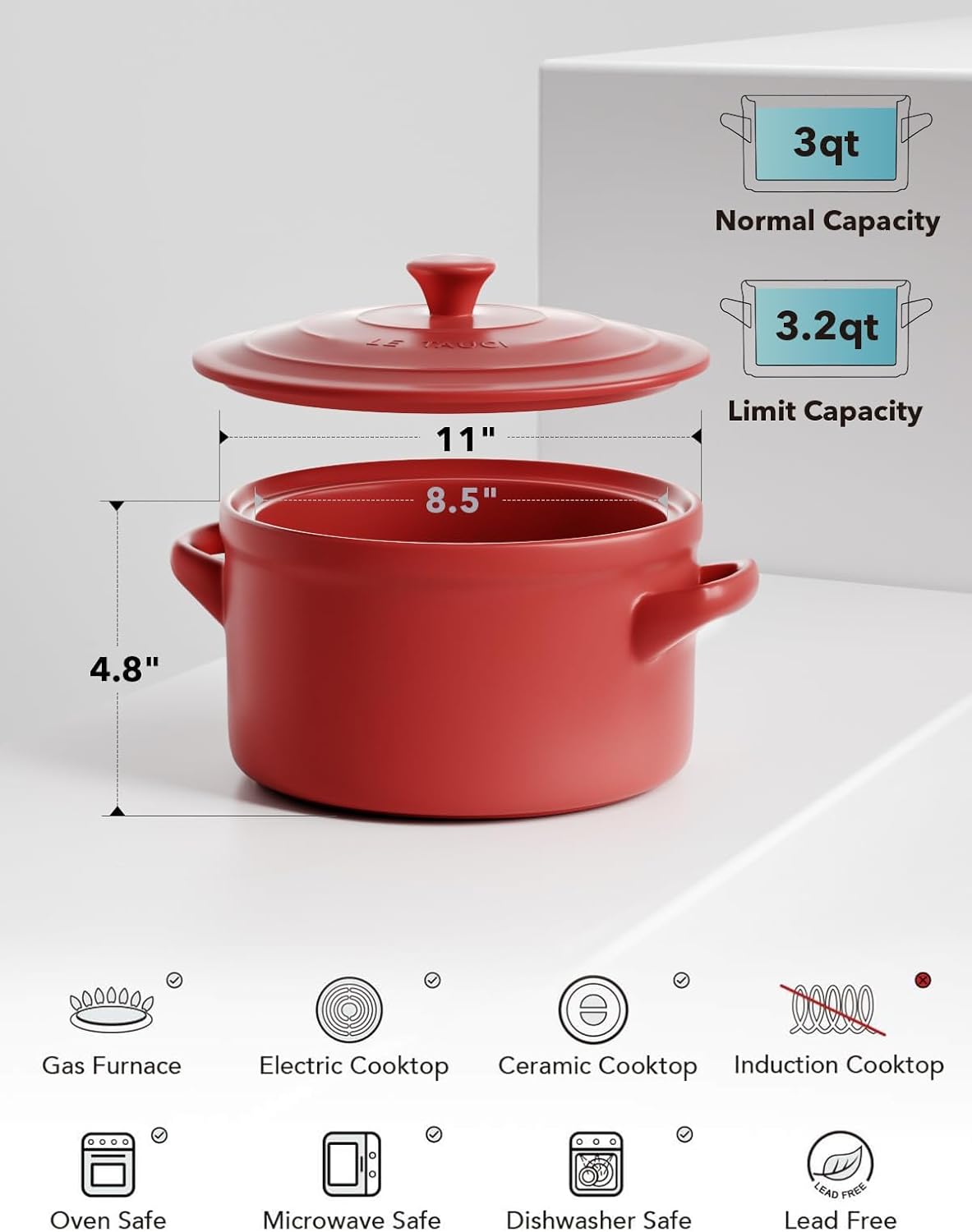 LE TAUCI 3 qt Ceramic Dutch Oven for Bread Baking with Silicone Sling- Lightweight, Non-Toxic, No Seasoning Needed- Oven, Microwave & Dishwasher Safe, Ideal for Home Bakers & Beginners, Chili Red