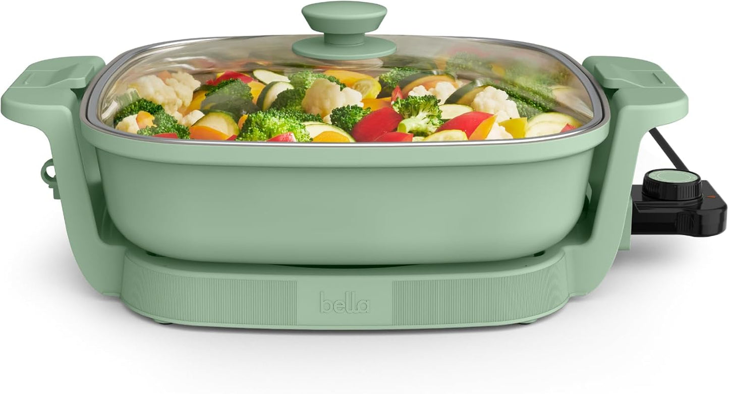 bella Make & Take Electric Skillet, Fits-anywhere™ kitchenware, EverGood™ Ceramic Coating, Adjustable Temperature & Dishwasher-Safe Tempered Glass Lid, Cast Aluminum Base, 1200 Watt, Seaglass
