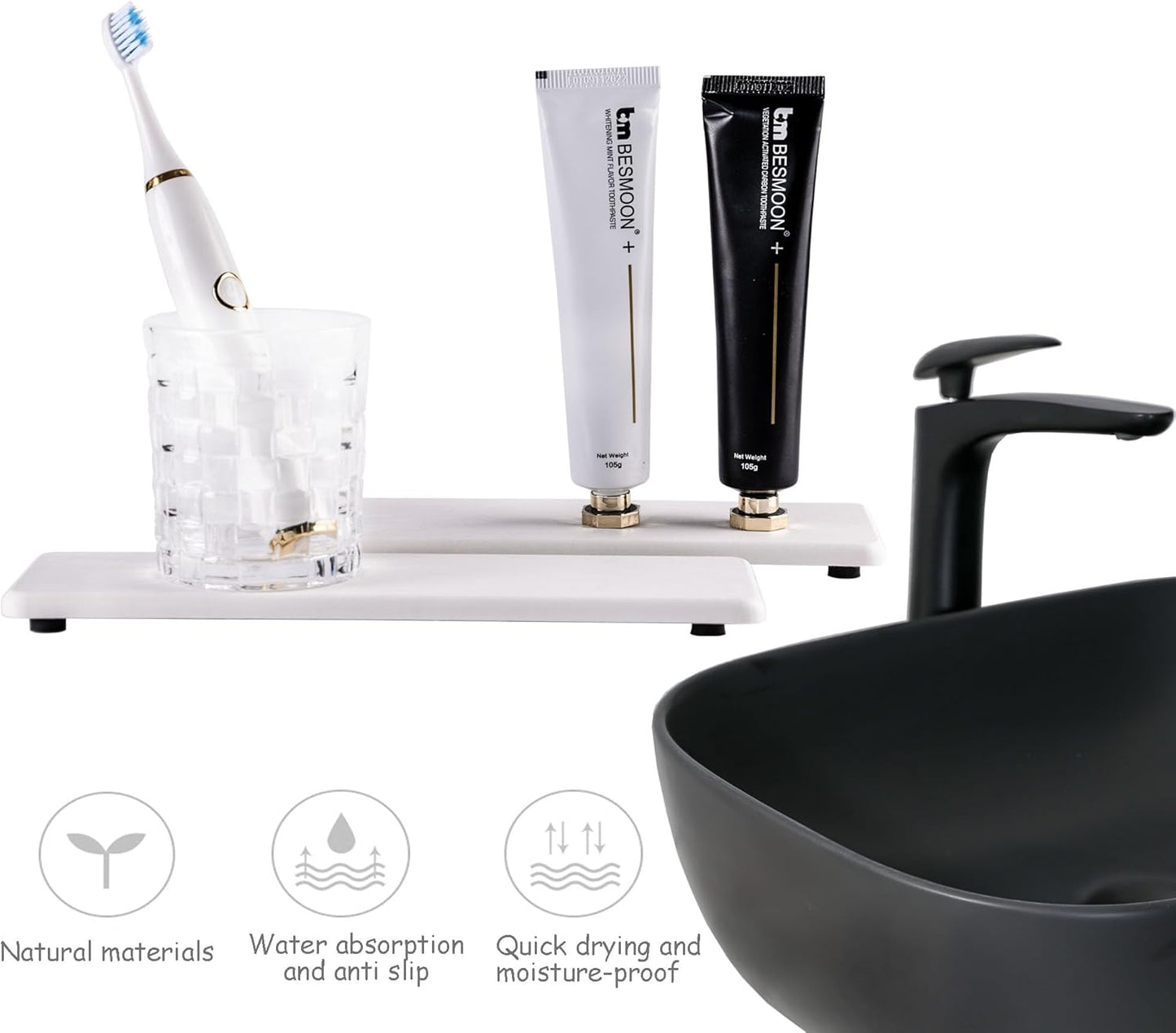 2 Pcs Water Absorbing Stone Trays, Kitchen/Bathroom Sink Soap Dish, Diatomite Tray Used for Hand Soap & Cosmetic Bottles in The Modern Home, 3.2" W x 10.2" L, White