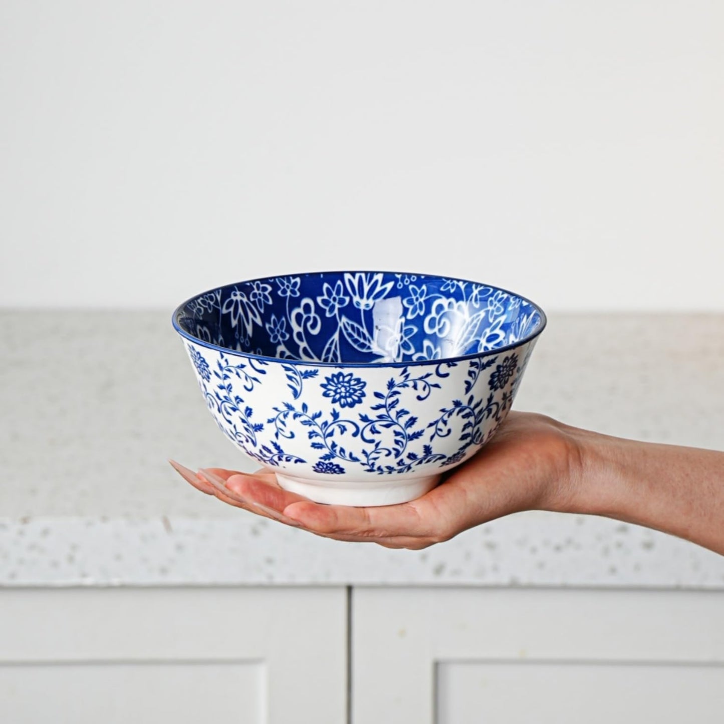 Ceramic Soup Bowls Set - 24 Oz Deep Cereal Bowl for Kitchen - 6 Inch Large Porcelain Dinner Bowl Eating Salad Pasta Dessert Oatmeal - Microwave Dishwasher Safe - Set of 6 - Vintage Blue
