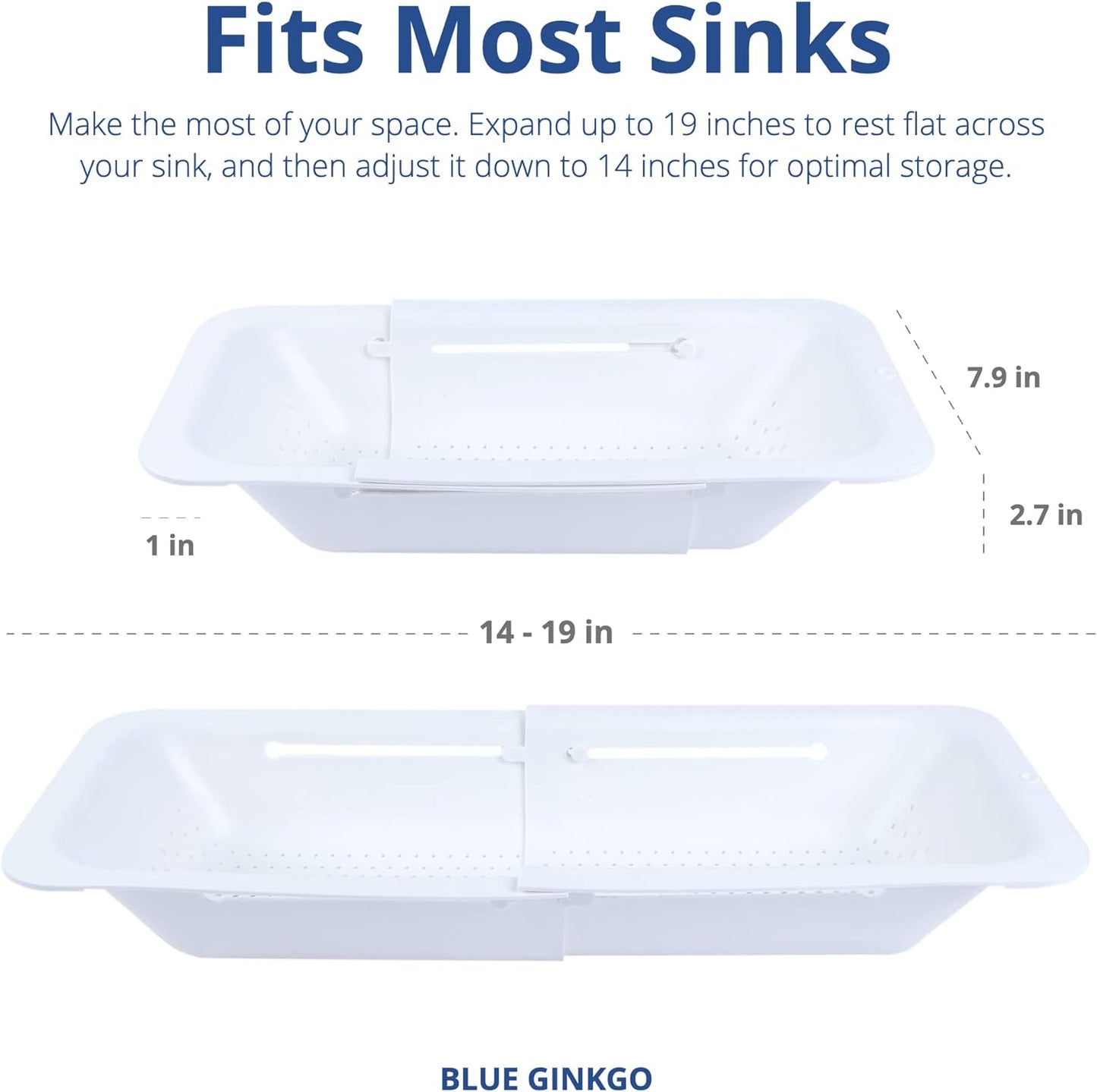 BLUE GINKGO Over the Sink Colander Strainer Basket - Wash Vegetables and Fruits, Drain Cooked Pasta and Dry Dishes - Extendable - New Home Kitchen Essentials (7.9 W x 14.5-19.5 L x 2.75 H) - White