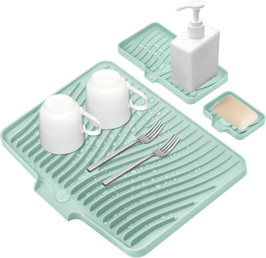 Silicone Dish Drying Mat for Kitchen Counter, Dish Drying Pad, Non-Slip Drain Pad with Built-in Drain, Heat Resistant Stone Drying Mat, 3 pcs (Mint)