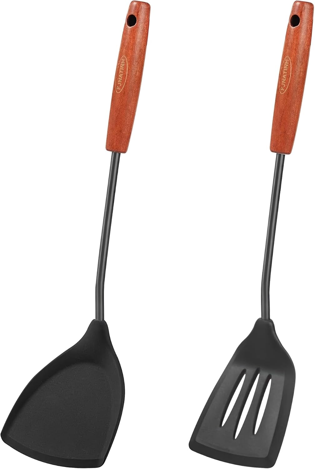 FJNATINH Silicone Spatulas and Turner Set - Stainless Steel Wok Tools, Wok Utensil, Non Stick Turners, Heat Resistant Rubber Spatulas for Fish, Eggs, Pancakes, Wok, Black of 2