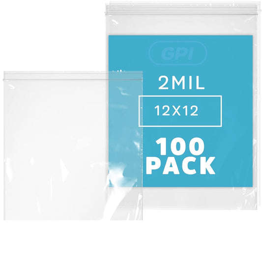 GPI - 12" x 12", Pack of 100, Clear Plastic Reclosable Zip Bags, Large, Bulk 2 mil Thick Strong & Durable Poly Baggies with Resealable Zip Top Lock for Travel, Storage, Packaging & Shipping.