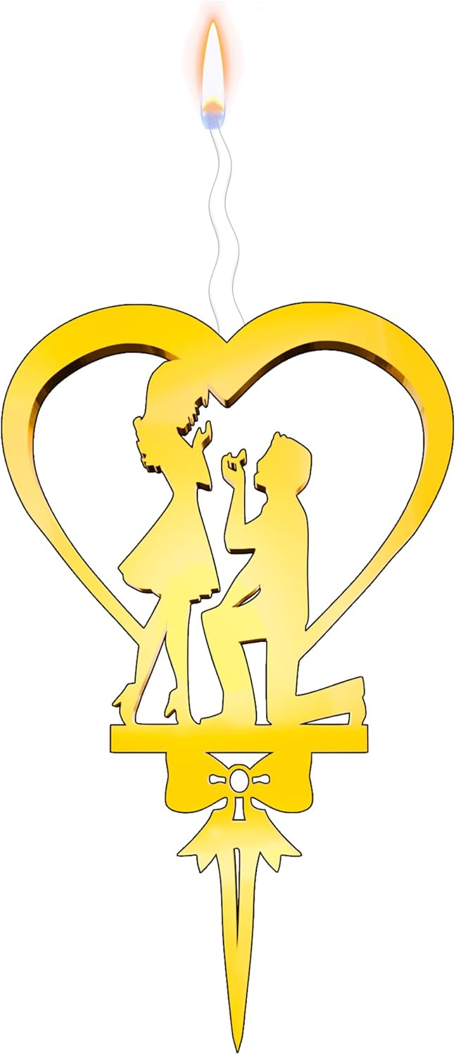 Bride and Groom Reusable Gold Romantic Cake Candle - Luxury Cake Topper Candle for Birthdays, Weddings & Anniversaries - Reusable Food Safe Acrylic, Shiny Mirror Finish - Happy Birthday Cake Topper