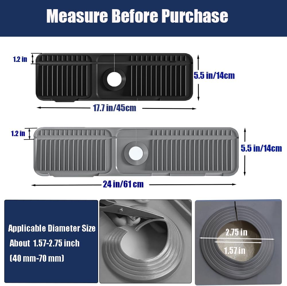 24" Silicone Faucet Mat for Kitchen Sink,Folding Sink Splash Guard Behind Faucet,Fasten Button & 6° Slope Design Faucet Drain Mat for Kitchen and Bathroom,Faucet Draining Mat(Gray）