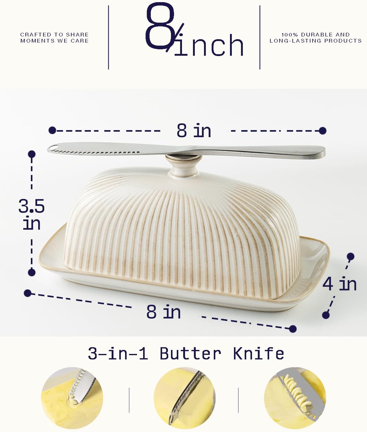 Getstar Ceramic Butter Dish with Lid and Stainless Steel Knife for Countertop, with Magnet to Attract Knife, Fit both West East Coast Butter