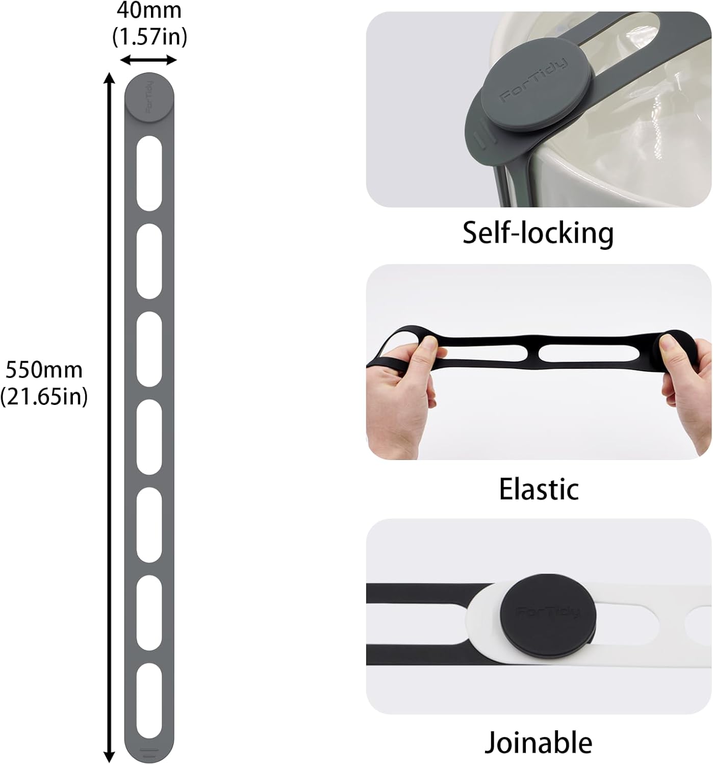 Silicone Utility Strap for Slow Cooker Lid, Pot, Bento Box, 21.65 In Reusable Elastic Self-Lock Silicone Tie for Bundling or Organizing Curtain, Cords, Yoga Mat, Camping Mat, 4pcs (Gray)