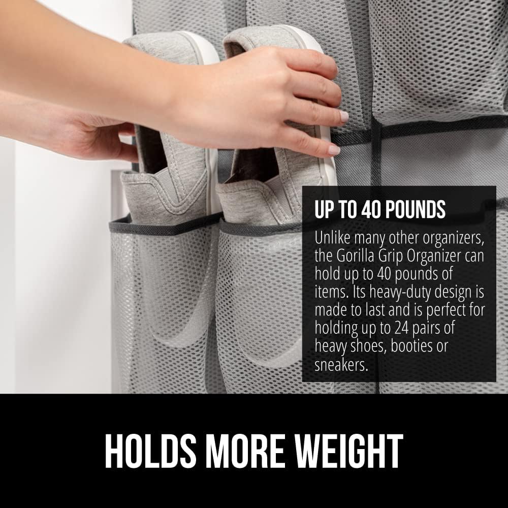 GORILLA GRIP Over the Door Shoe Organizer, 35 Large Breathable Mesh Pockets, Space Saving Hanging Storage Holder, 5 Hook Closet Rack Hanger, Hangs on Closets for Shoes, Accessories 68.5H x 24.5W Gray