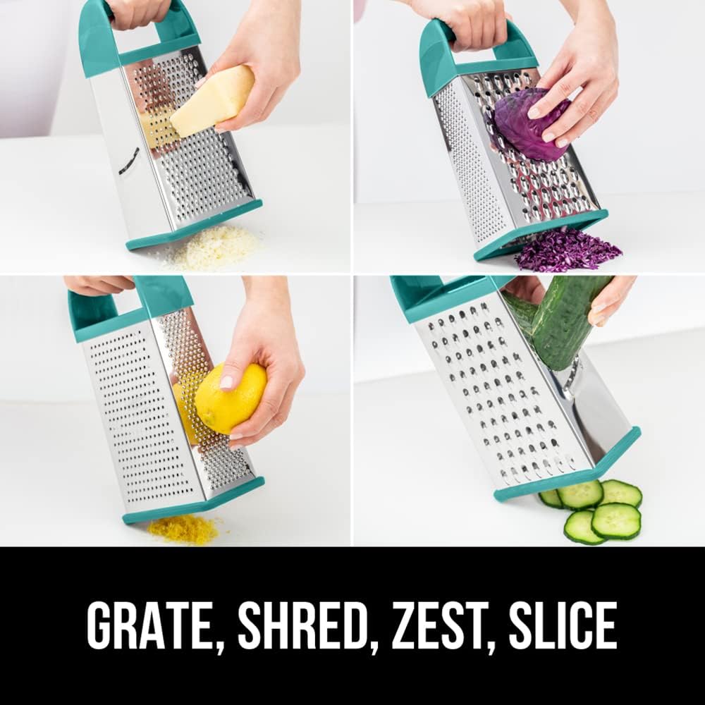 GORILLA GRIP 4-Sided 100% BPA-Free Cheese Grater With Container, Stainless Steel Box Graters, Parmesan Shredder, Grate Cheeses, Shred Veggies, Slip Resistant Handle, Dishwasher Safe Zester, Turquoise
