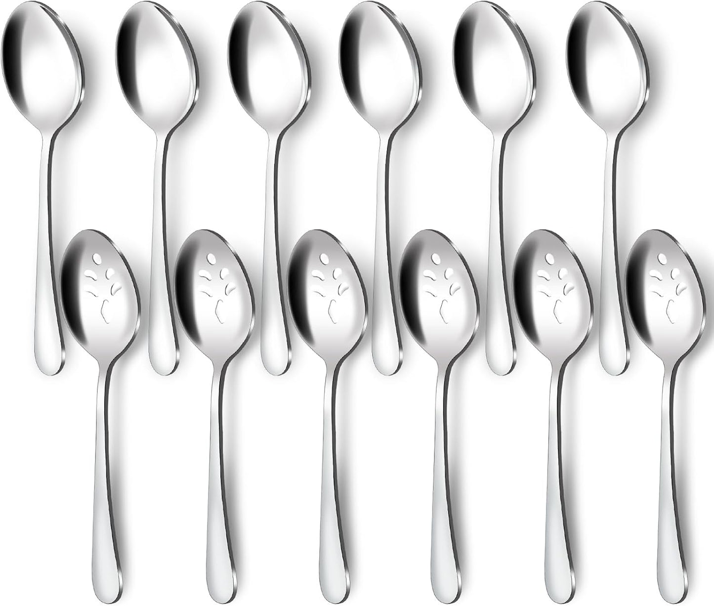 BEWOS 12-Piece Serving Set, 6 Slotted and 6 Regular Spoons, 9.1-Inch Stainless Steel, Dishwasher Safe, Large Serving Spoons For Buffet