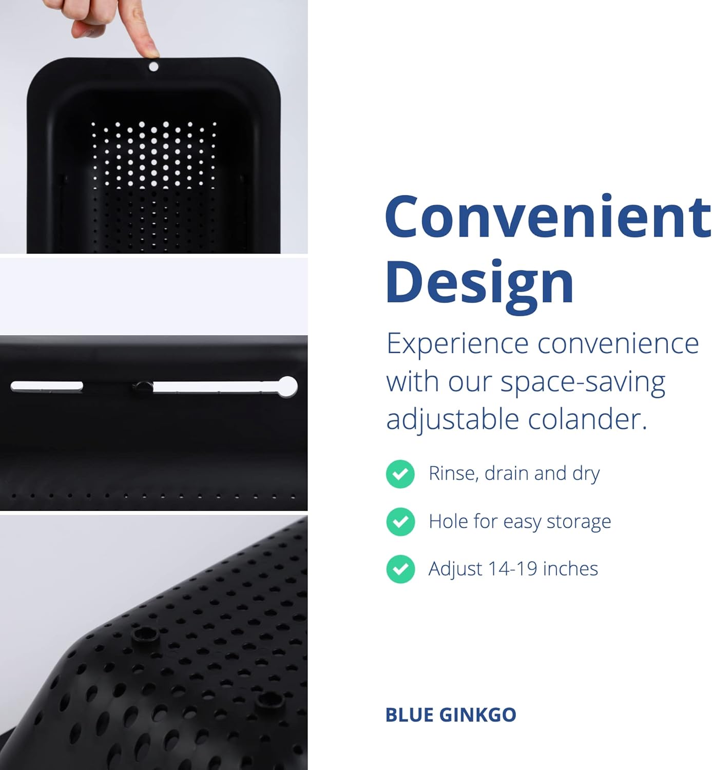 BLUE GINKGO Over the Sink Colander Strainer Basket - Wash Vegetables and Fruits, Drain Cooked Pasta and Dry Dishes - Extendable - New Home Kitchen Essentials - Black