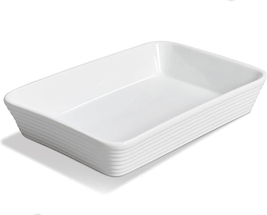 ONEMORE Ceramic Baking Dish, 9x13 Baking Pan Casserole Dish Large Rectangular Baking Dishes for Oven Deep Dish Lasagna Pan for Family Meals Ribbed White Bakeware for Roasting & Serving