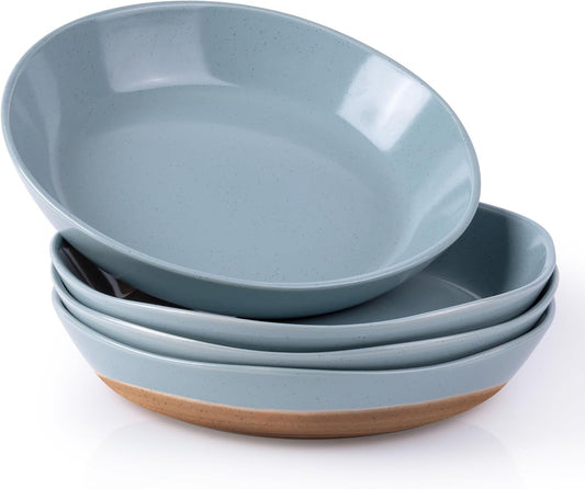 AmorArc 9.5'' Ceramic Large Pasta Bowls, 38oz Handpainted Stoneware Bowls Set of 4, Microwave&Dishwasher Safe Bowls with Wavy Rim&Rustic Terracotta Underside for Fruit Pasta Salad, Stone Blue