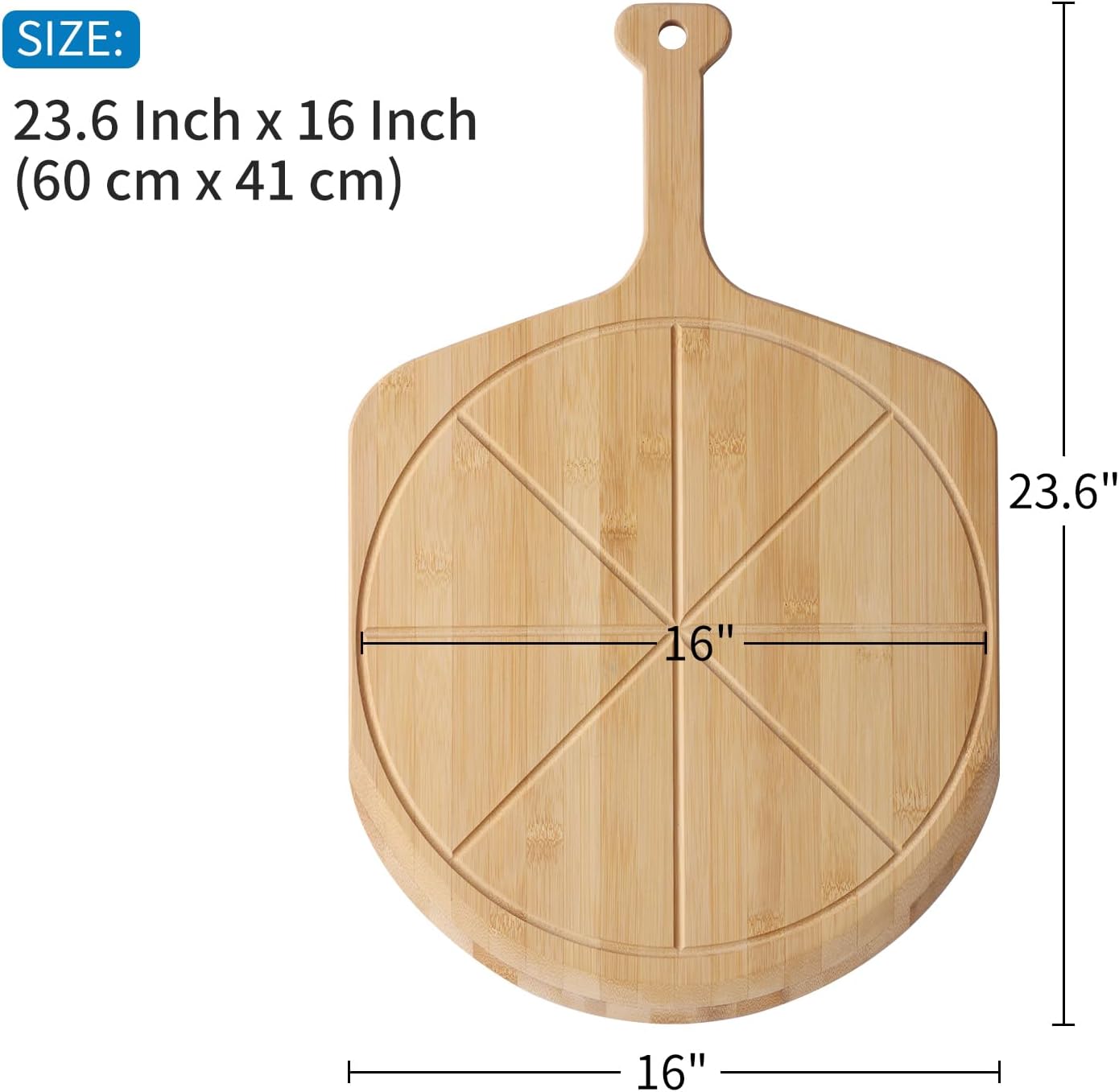 16' Bamboo Pizza Peel - Lightweight Smooth Wooden Paddle and Pizza Cutting Board with 8 Slice Grooves, Outdoor Oven Accessories, 23.6 x 16 Inch