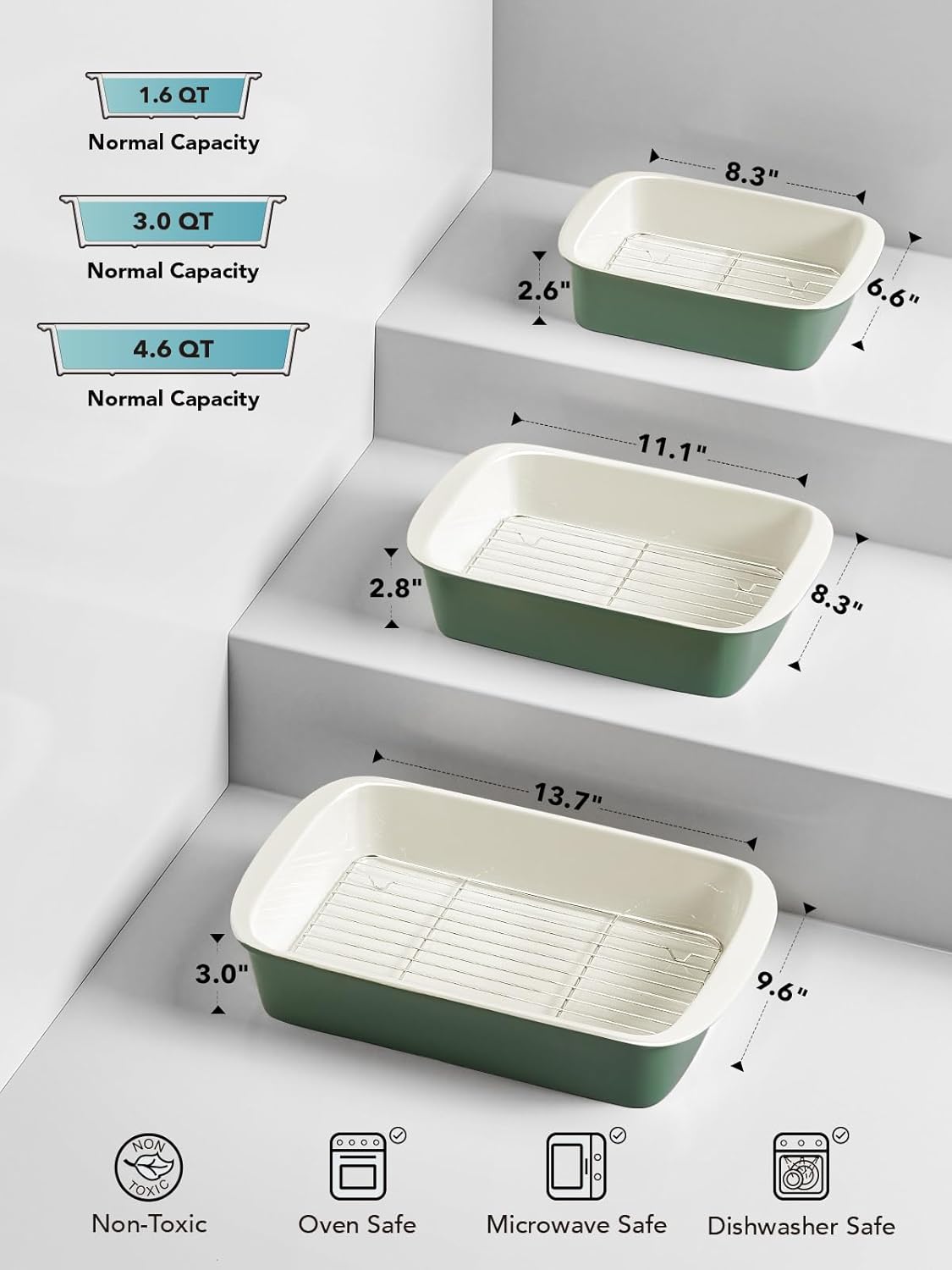 LE TAUCI Deep Casserole Dishes for Oven, 13.7”x9.6” Ceramic Baking Dish Set with Roasting Racks, Large Lasagna Pans with Handles, Rectangular Bakeware as Gift for Mom, Forest Green (4.6QT/3.0QT/1.6QT), Set of 3