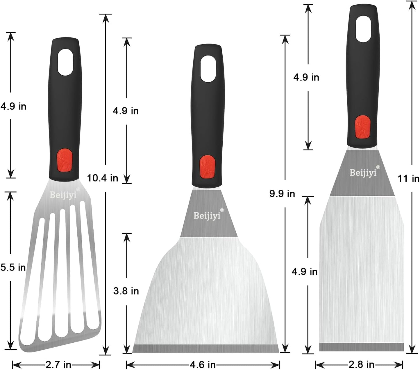Beijiyi Stainless Steel Spatula Set, Heavy Duty Small Metal Spatula for Cooking Cast Iron Skillet with Silicone Handle - Griddle Grill Kitchen Spatula Flipper for Pancake, Fish, Smash Burger and Egg