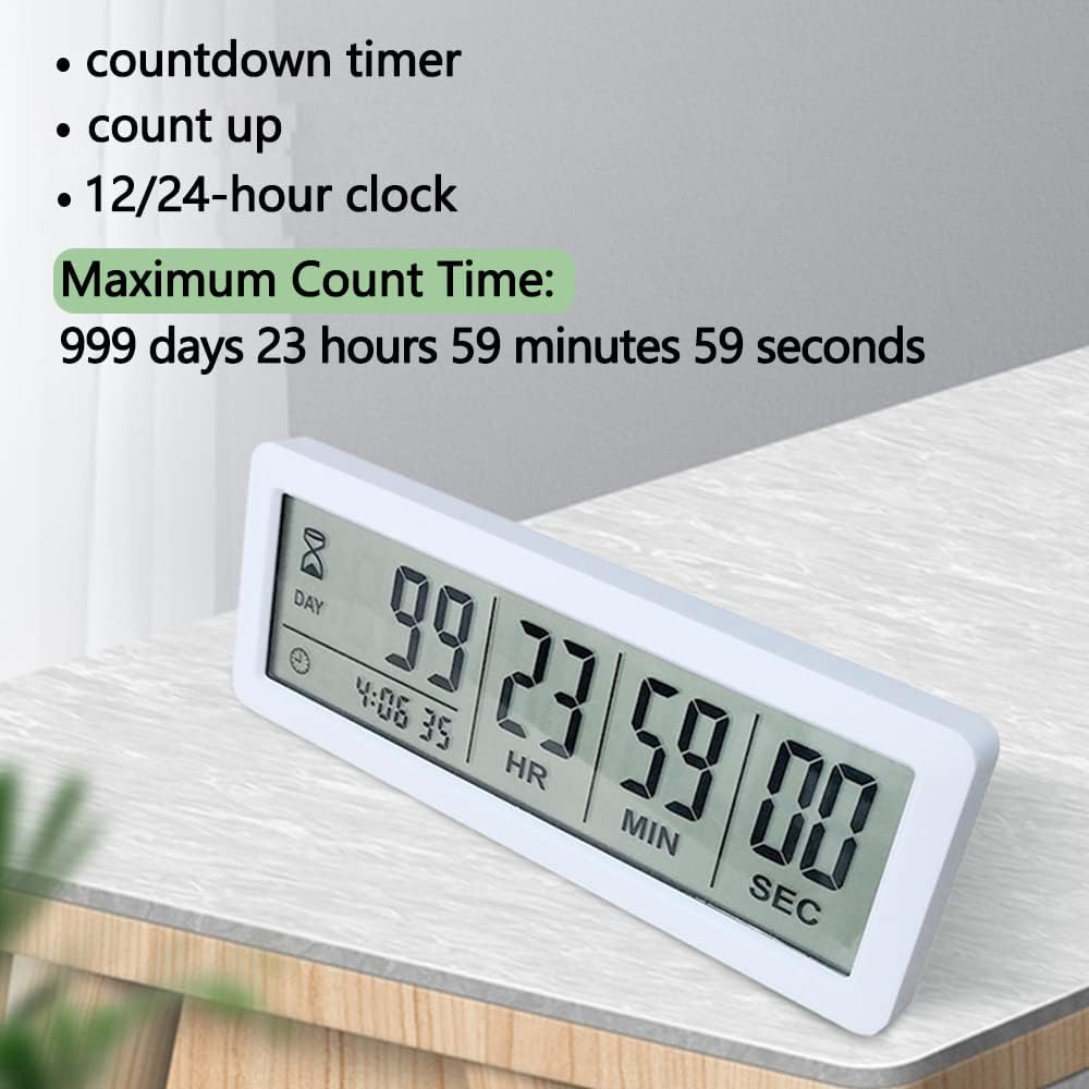 Digital Countdown Days Timer - White Upgraded Big 999 Days Count Down Clock with Stand Strong Magnetic Back for Vacation Retirement Wedding Holiday