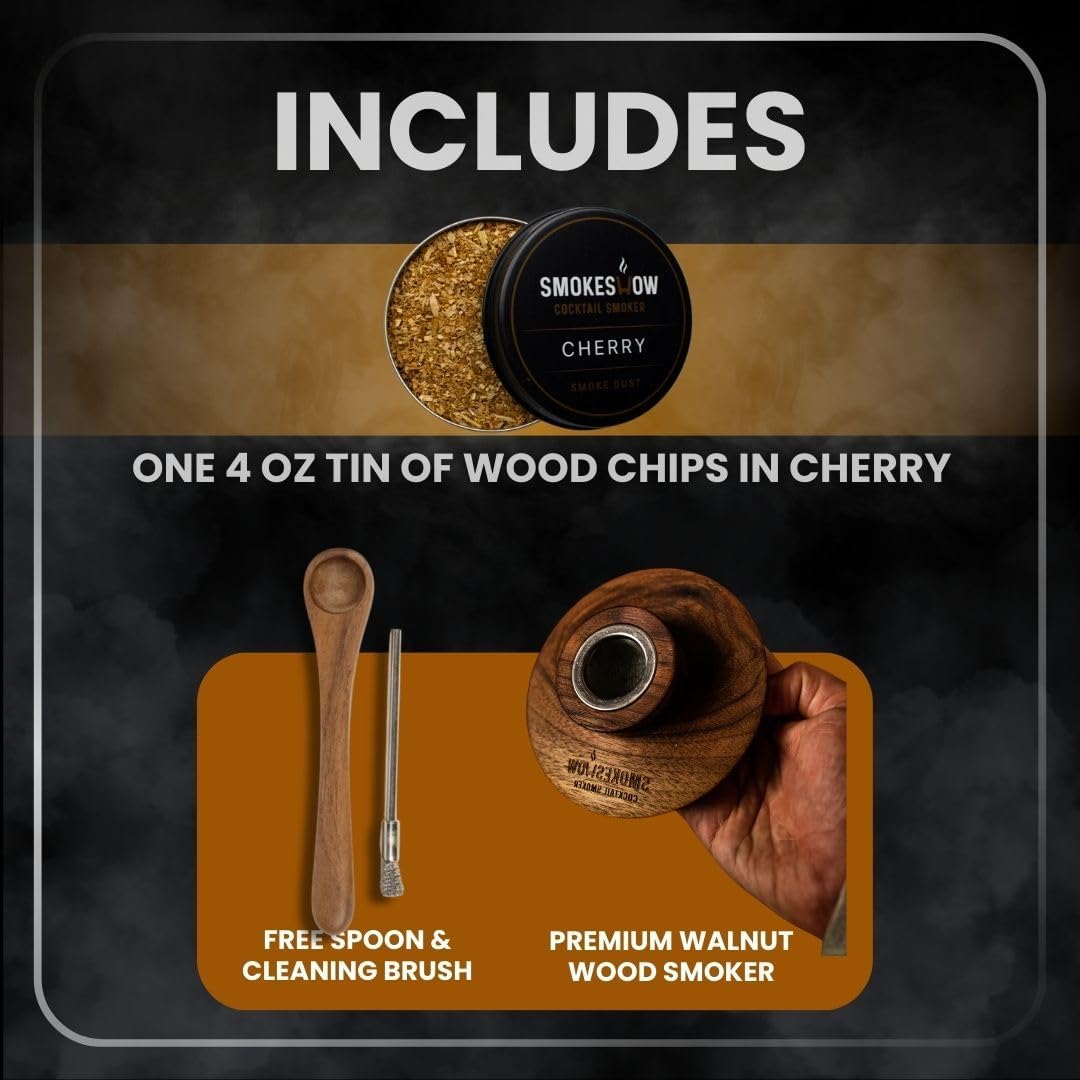 Premium Walnut Wood Cocktail Smoker with One 4 oz Tin of Wood Chips. Great for Whiskey & Old Fashion. Coated in Safe Food Natural Beeswax, Non-toxic Top by Smokeshow (Cherry)