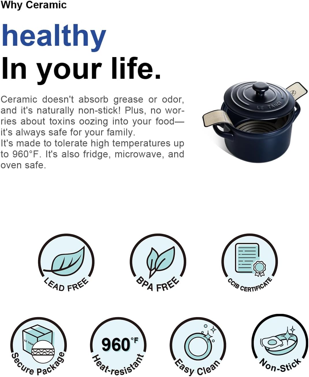 LE TAUCI 3 qt Ceramic Dutch Oven for Bread Baking with Silicone Sling- Lightweight, Non-Toxic, No Seasoning Needed- Oven, Microwave & Dishwasher Safe, Ideal for Home Bakers & Beginners, Midnight Blue