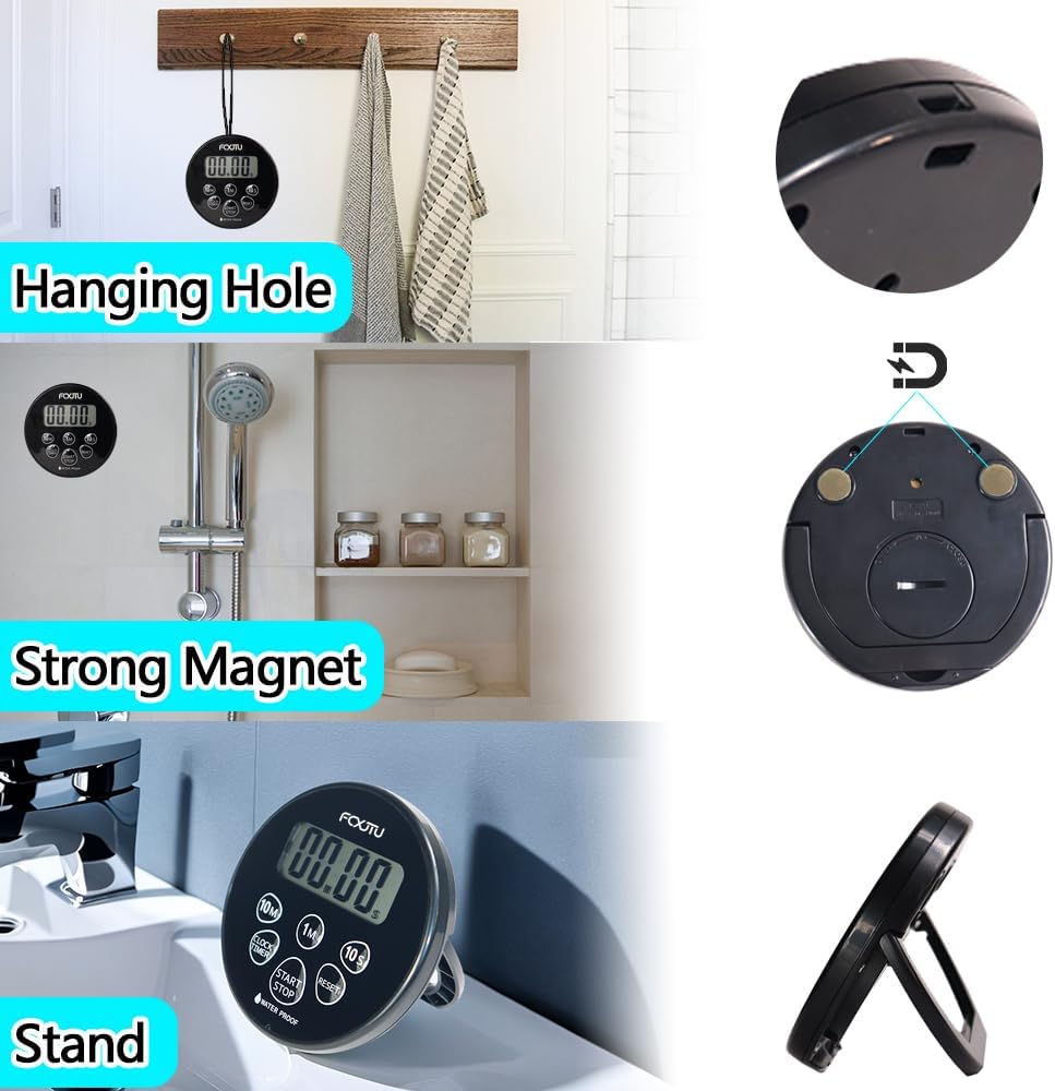 FCXJTU Digital Waterproof Shower Clock Timer, Bathroom Shower Countdown Timer with Alarm, Magnetic Back, Stand for Kitchen Cooking Dark Black