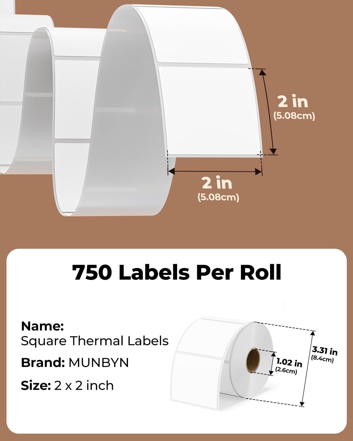 MUNBYN 2"x2" Square Thermal Labels, Compatible with Multiple Thermal Printers, Strong Adhesive, White Address Labels for Barcode, 750 Sheets/Roll