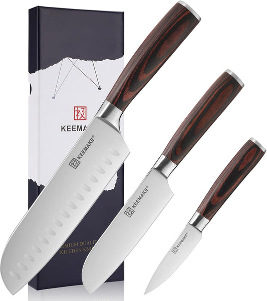 KEEMAKE Santoku Knife Set of 3pcs, Japanese Chef Knife Sets with German High Carbon Stainless Steel 1.4116 Kitchen Knives, Pakkawood Handle Cutting Knives