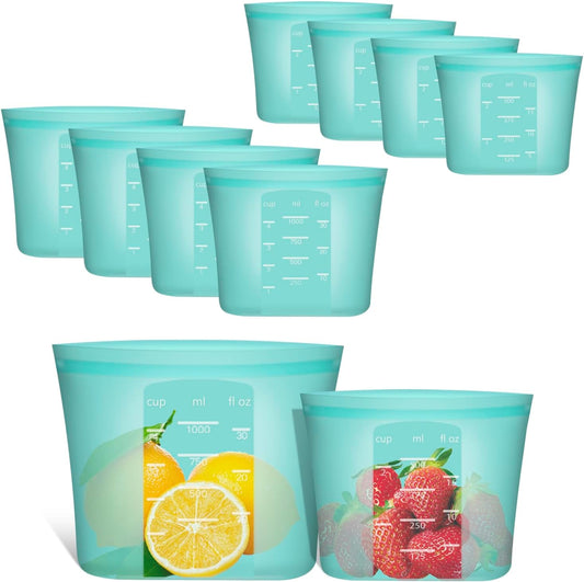 Reusable Sandwich & Snack Bags, 8 Pack 100% Silicone Food Storage Bags Stand Up Zip Lock for Food Container, Freezer Microwave Oven Dishwasher Safe, 4 Small 4 Extra Small, Aqua