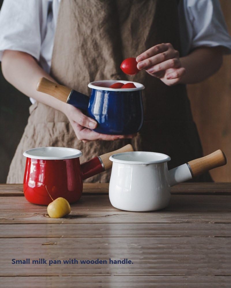 Mini Enamel Milk Pot 4 Inch 17 Oz Dual spout with Wooden Handle, Small Sauce Pan Perfect Size for Heating Smaller Liquid Portions (Red）