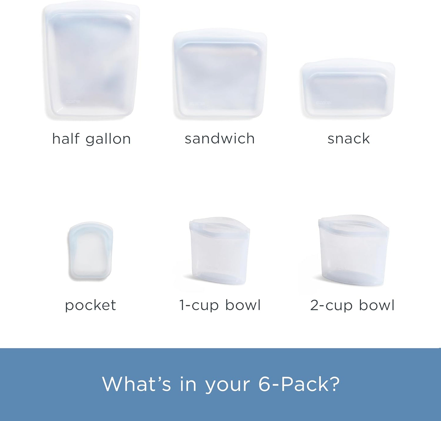 Stasher Premium Silicone Reusable Food Storage Bags, 6-Pack, Clear, Multi-Use Food Storage Bags, Lunch Bag, Travel Containers, BPA Free, Leak-free, Dishwasher-Safe, Eco-friendly