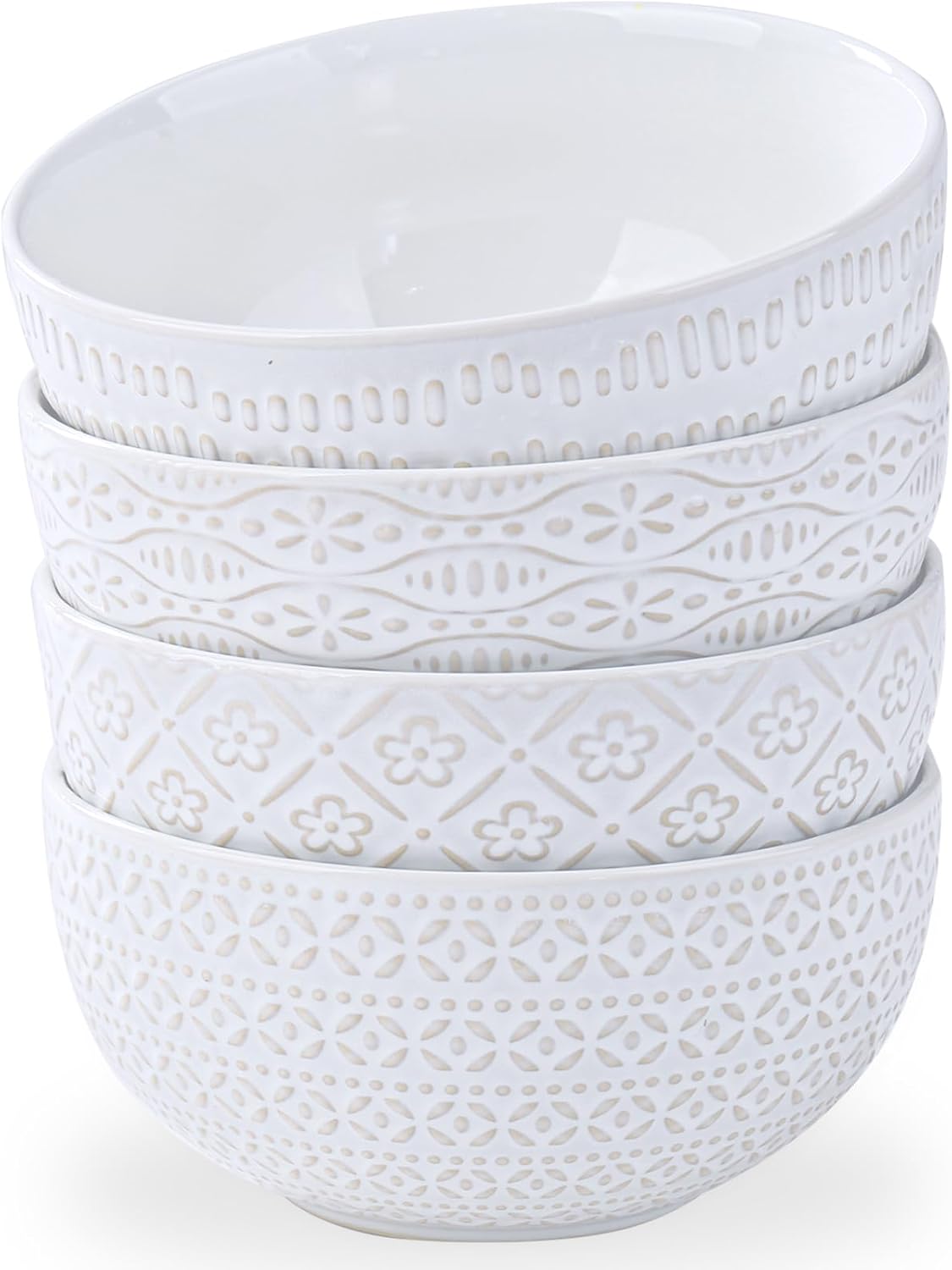 40 OZ Large Cereal Bowls Set of 4, Farmhouse Embossment Ceramic Salad Bowls for Soup, Serving, Fruit, Snack, Noodle, Ramen, Pho, Microwave & Dishwasher Safe, 6.7 Inch White