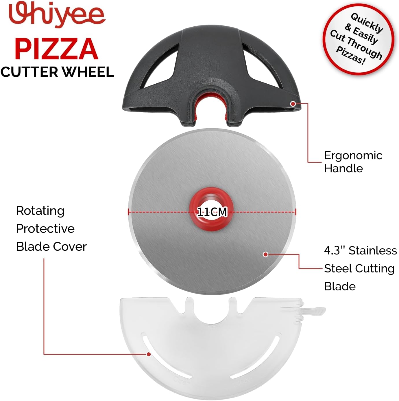 Pizza Cutter Wheel, UHIYEE Heavy Duty Pizza Slicer, Stainless Steel Large Pizza Wheel Blade with Safety Rotating Guard, Thickened Blade Ergonomic Handle Cut through Crust with Ease, Gray