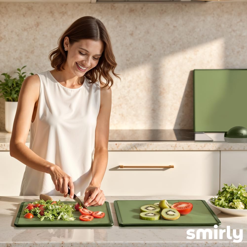 SMIRLY Plastic Cutting Board Set with Holder 3 Pieces, Non-Slip Dishwasher Safe Chopping Boards for Kitchen, Green