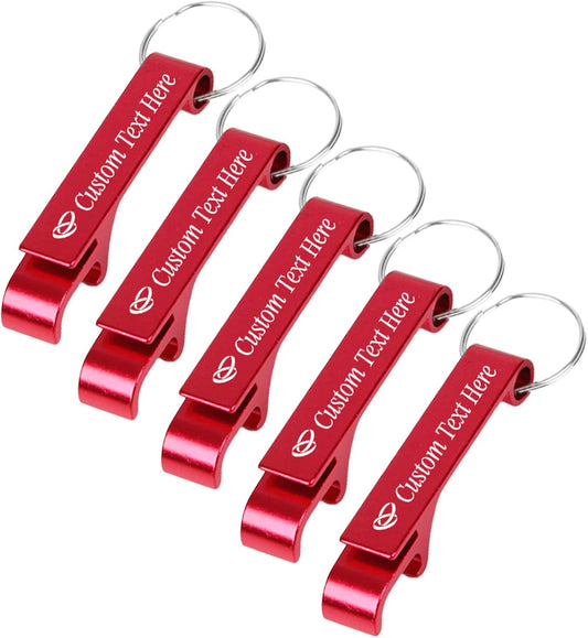 5PCS Personalized Bottle Opener Keychain Bulk Custom Beer Bottle Opener with Logo Text Engraved Wedding Bottle Opener Favors Customized Gifts for Guests Baby Shower Birthday Party-Red