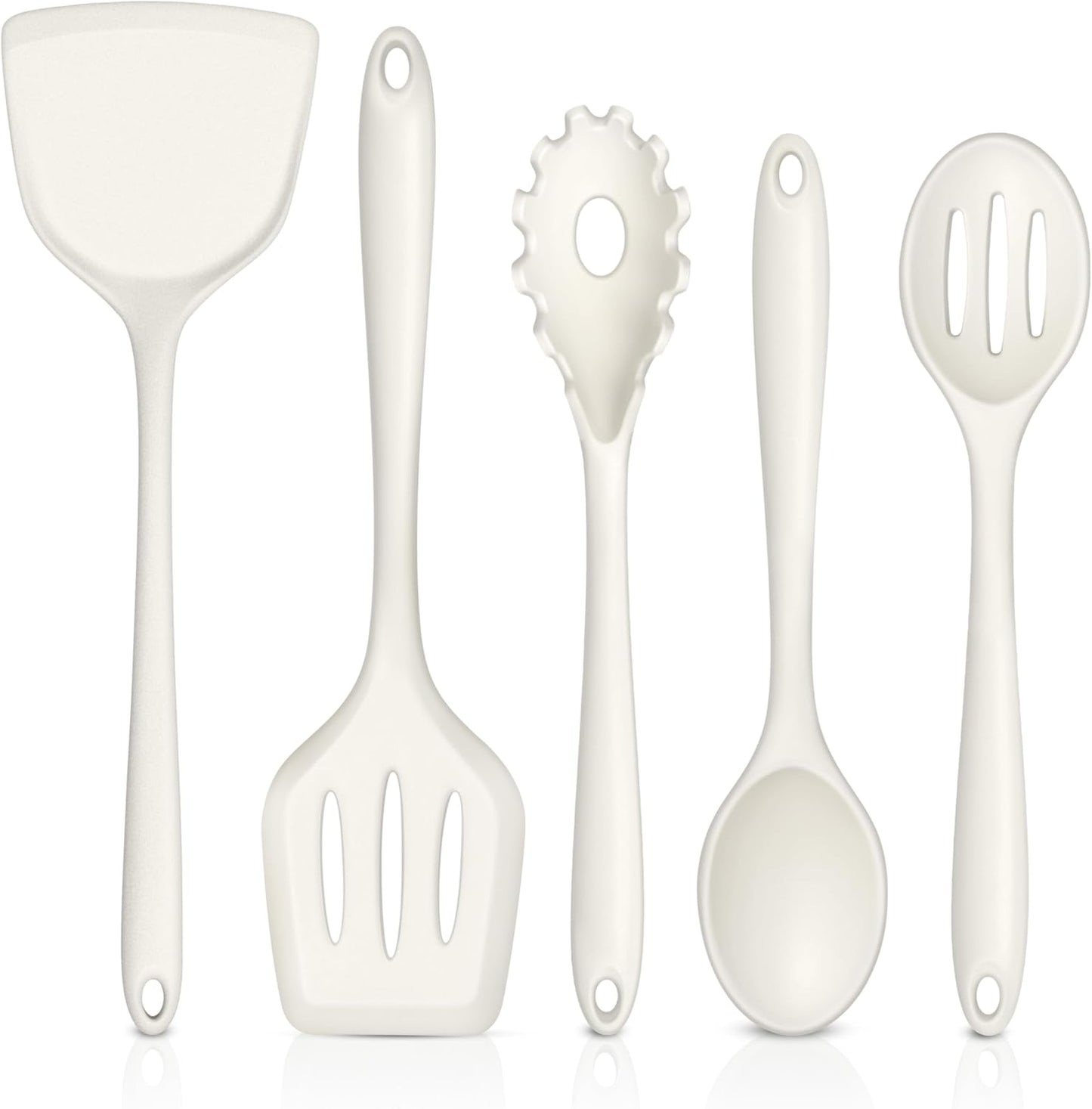 TeamFar Silicone Cooking Utensils Set of 5, Kitchen Utensils Solid & Slotted Spoons Turners Pasta Server for Nonstick Cookware, Healthy & Heat-Resistant, Seamless & Non-Scratch, Dishwasher Safe, White