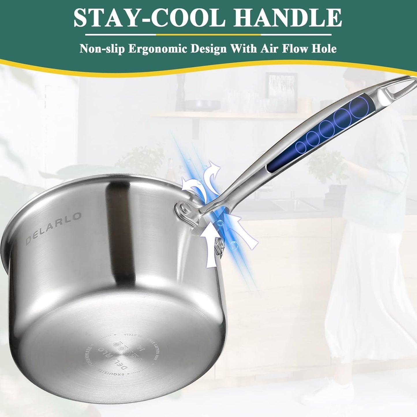 DELARLO Tri-Ply Stainless Steel 1 Quart Saucepan with Lid, Compatible With All Stove 600℉, Small Pots for Cooking, Fast Even Heats, Stainless Pot 1QT, Durable Sauce Pot, Saucepan with Lid