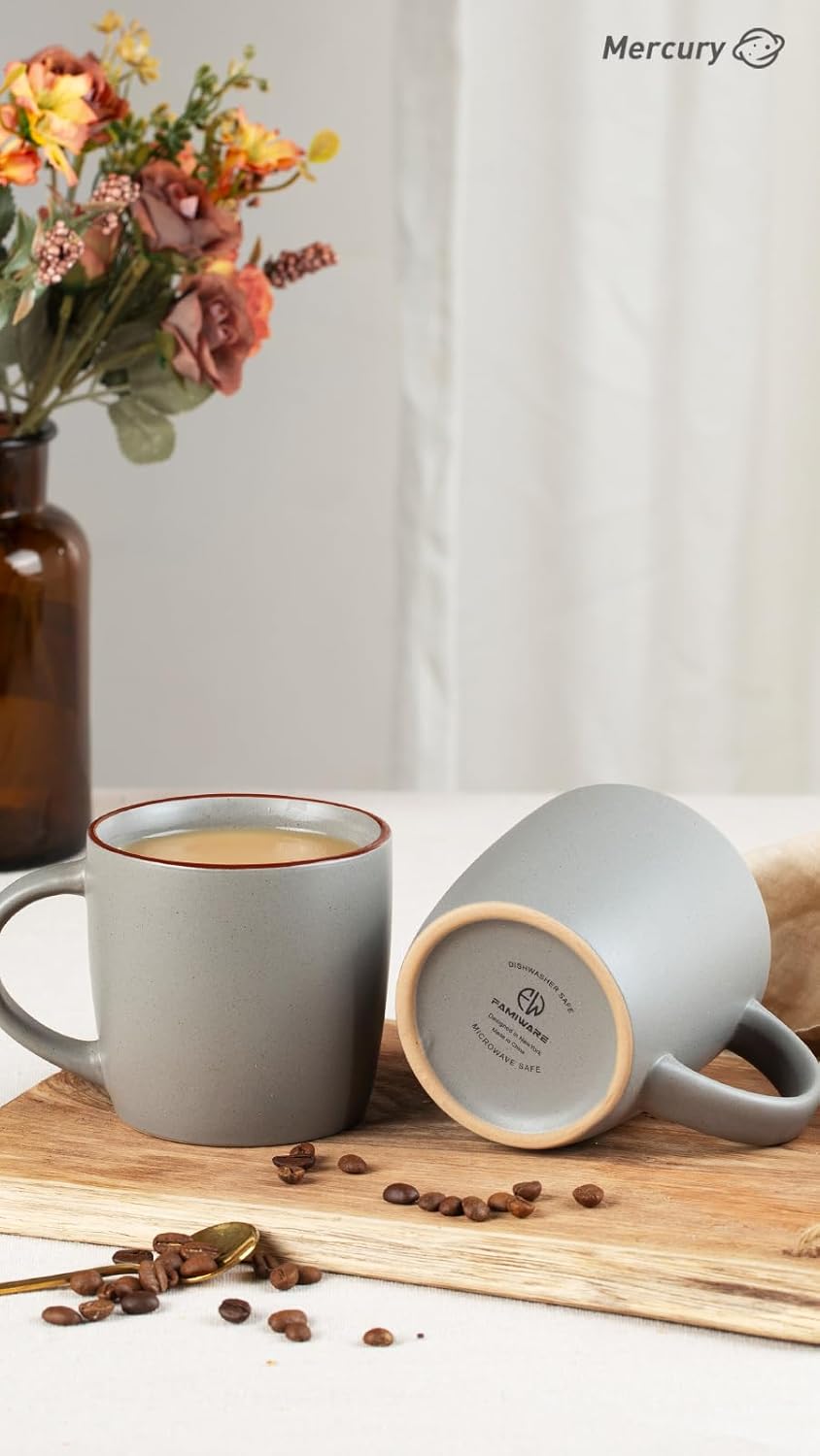 famiware Mercury Coffee Mugs 13 oz, Coffee Mugs Set of 4 with Handle, Cups for Latte, Hot Tea, Cappuccino, Mocha, Cocoa, Dark Grey