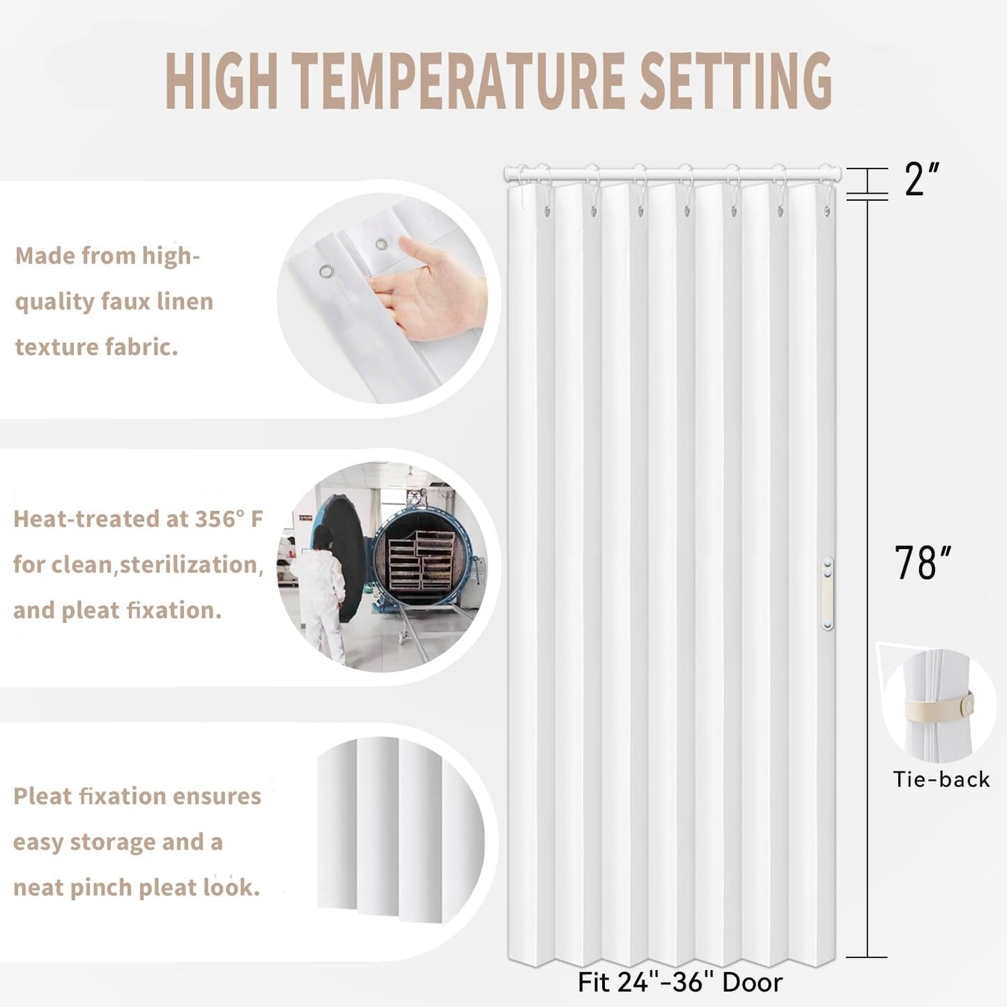 Vatge Door Curtains for Doorway, Folding Door Curtain Interior Closet Curtain for Bedroom, Bathroom, and Laundry Room, Pleated Door Curtains for Doorway,1 Panel with Tieback, W39 x L78, White