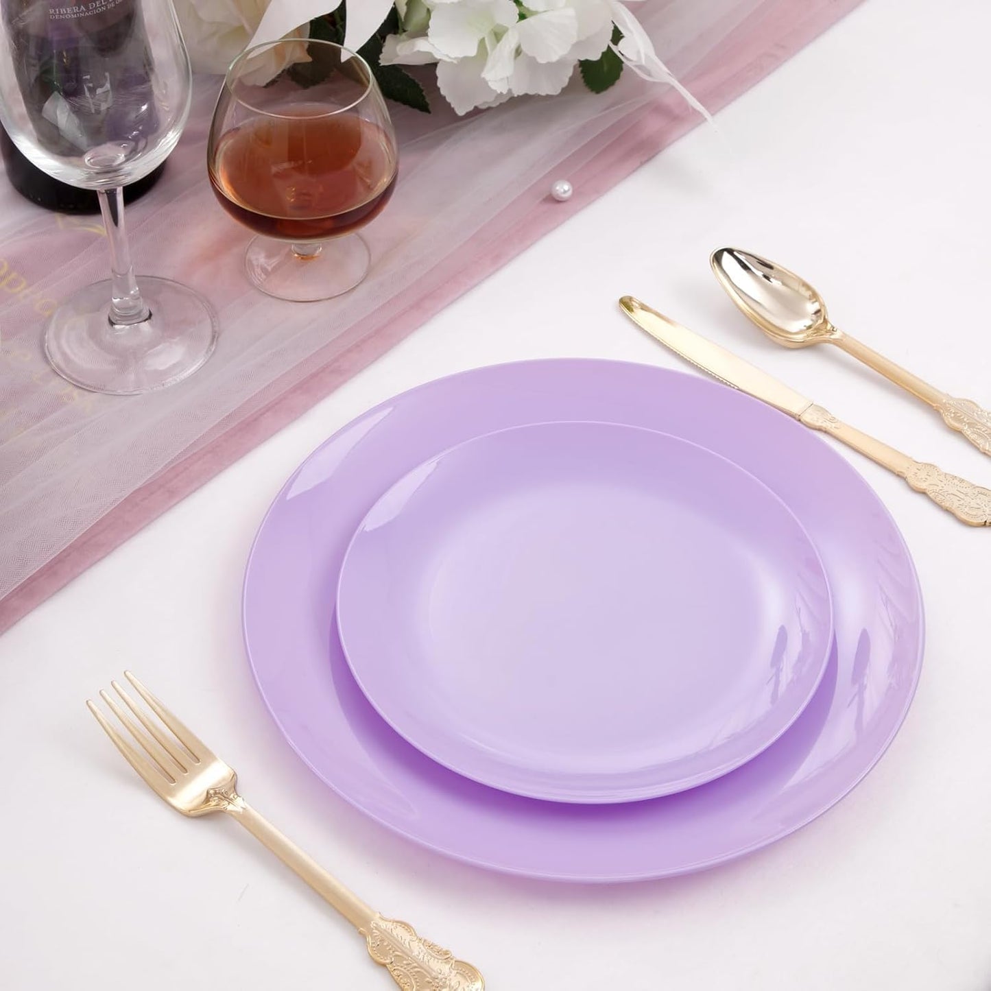 KIRE 60PCS Purple Plastic Plates Disposable - Heavy Duty Purple Plates Include 30Pcs 10.25” Dinner and 30Pcs 7.5” for Dessert/Salad - for Wedding/Bridal Shower