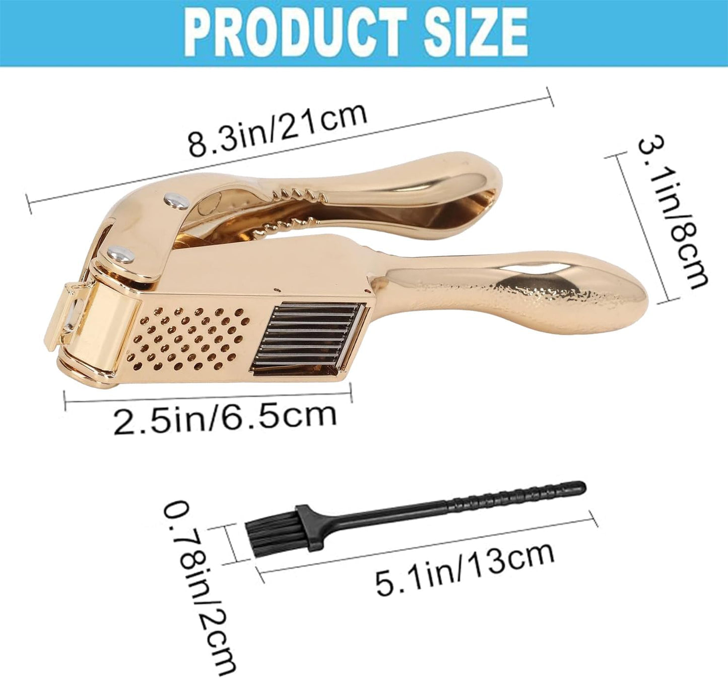Garlic Press and Slicer 2 in 1, Rust Proof & Dishwasher Safe Professional Garlic Mincer Tool, Effortlessly Crush and Mince Garlic with this Ergonomic Handle-Garlic Peeler & Brush ANCQMI(Gold)