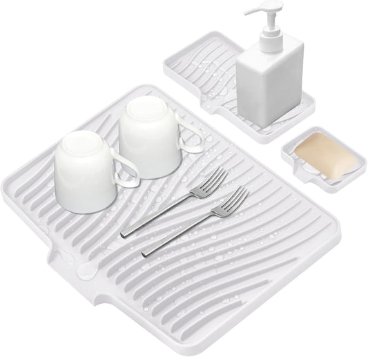 Silicone Dish Drying Mat for Kitchen Counter, Dish Drying Pad, Non-Slip Drain Pad with Built-in Drain, Heat Resistant Stone Drying Mat, 1 set (Ivory)