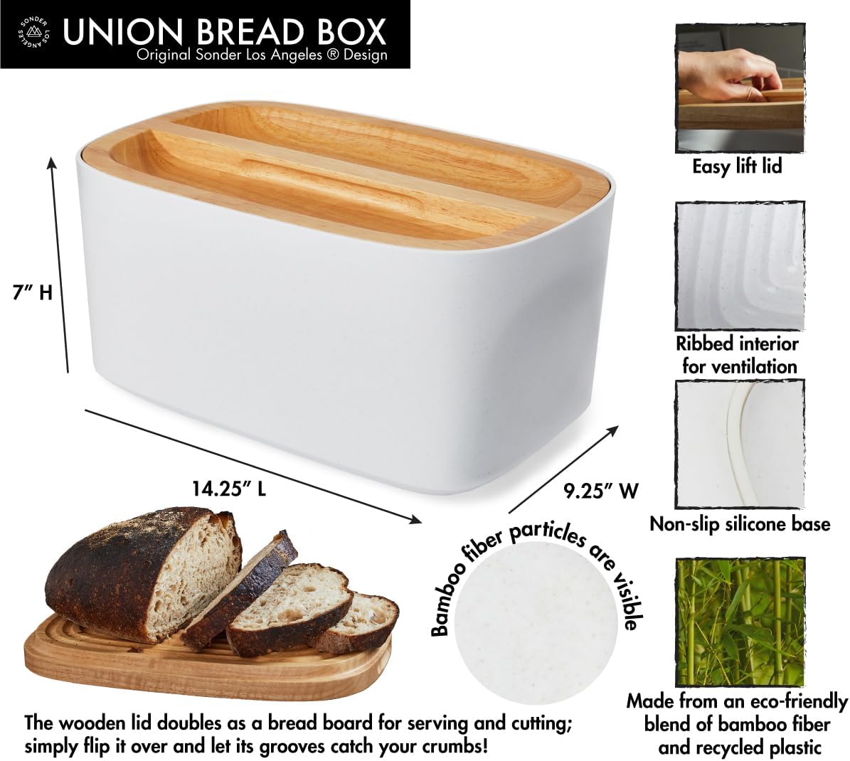 Sonder Los Angeles, Modern Bamboo Fiber and Recycled Plastic Bread Box (White) for Kitchen Countertop with Reversible Cutting Board Lid, Homemade Bread Bin Storage Container 14.25 x 9.25 x 7 in