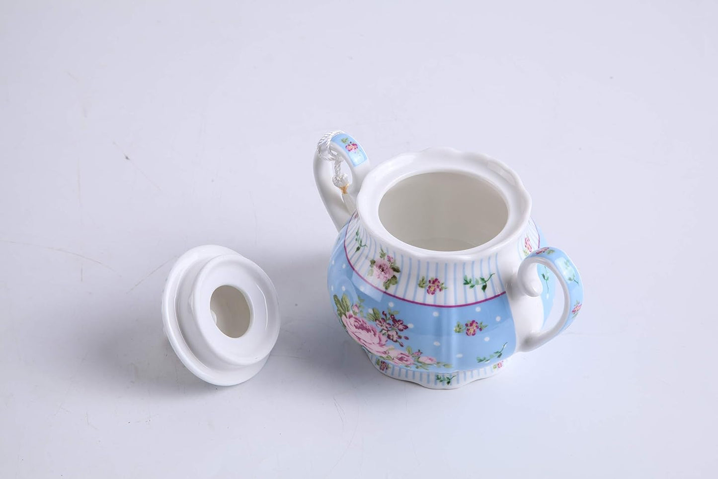 London Boutique Porcelain Teapot Sugar Bowl and Cream Milk Jug Shabby Chic Vintage Floral in Gift box 40oz (Cream & Sugar Set Rose Blue)