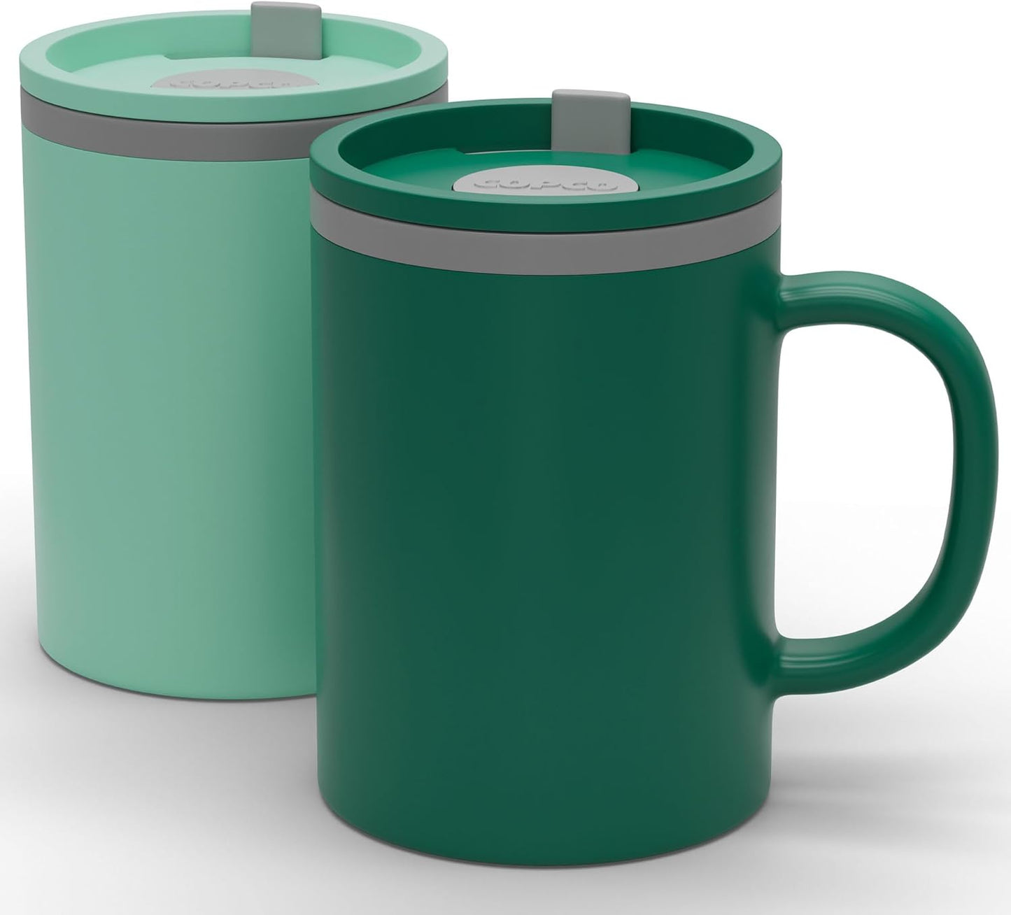 Copco Iconic 16oz Double Wall Insulated Desk Mug with Lid & Handle, Set of 2, BPA-Free Reusable Plastic, Spill-Proof, Microwave & Dishwasher Safe, Wide Mouth, Cup Holder Friendly (Green/Hunter Green)