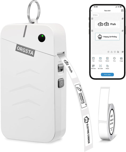 ORGSTA S001 Label Maker Machine with Tape, Portable Bluetooth Label Maker for Home and Office Organization, Thermal Label Printer Mini Sticker Maker with Multiple Templates, White
