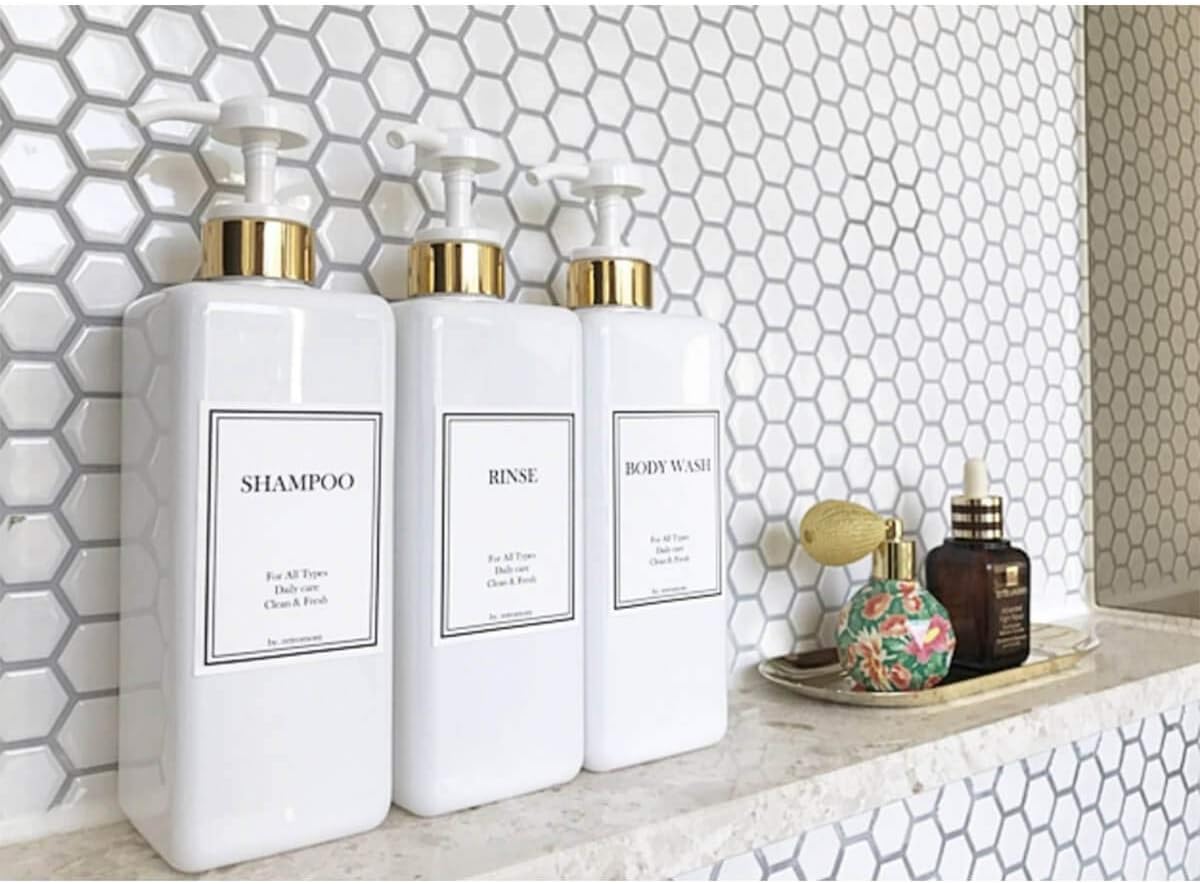 Beauty Bathroom Preprinted Labels, Water Resistant Organization labels, Sticker for Vanity Countertop, Kitchen, Pantry, Toiletry, 24 Dispenser Shampoo labels stickers waterproof (Pack of 2)