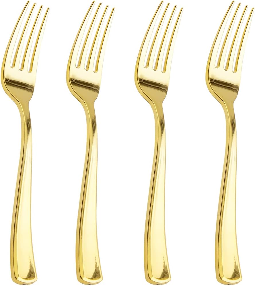 Liacere 200pcs Gold Plastic Forks - Heavyweight - 7.4 Inch Heavy Duty Plastic Forks - Gold Plastic Silverware Perfect For Parties & Weddings & Restaurants & New Year And Daily Using