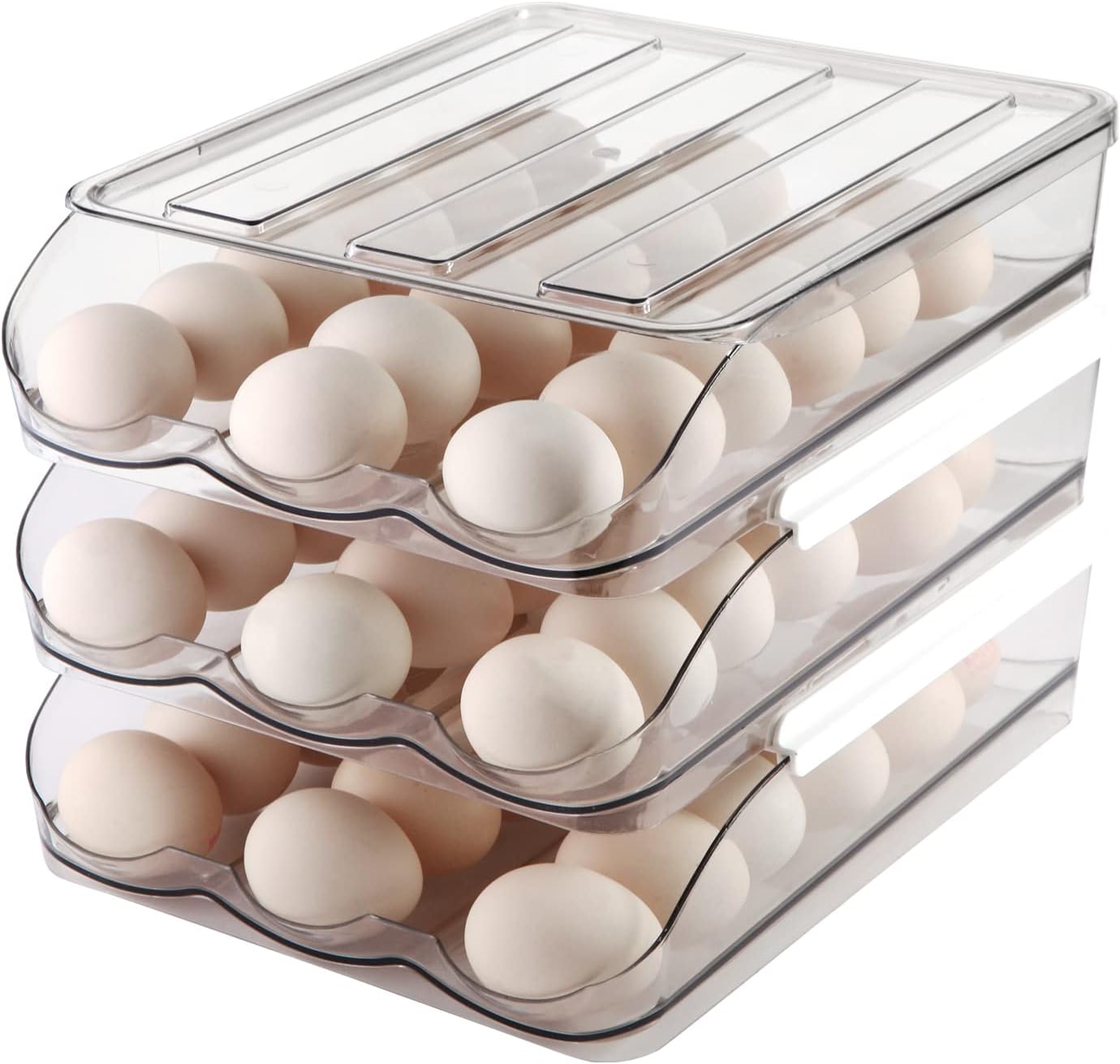 Egg Holder for Fridge,Automatically Rolling Egg Storage Container for Refrigerator,Egg Organizer for Fridge with Lid,Clear Plastic Dispenser, Tray & Box -3 Layer