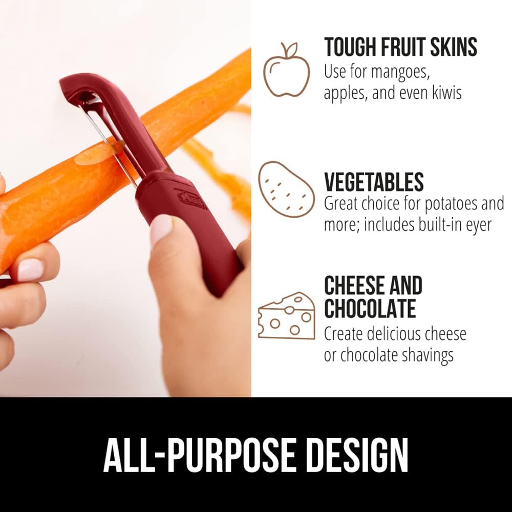 GORILLA GRIP Patented BPA-Free Sharp Stainless Steel Swivel Vegetable Peeler, Comfortable Handle Potato Peelers, Smooth Peeling, Peel Carrots Apple, Includes Blade Cover, Kitchen Tool, Red