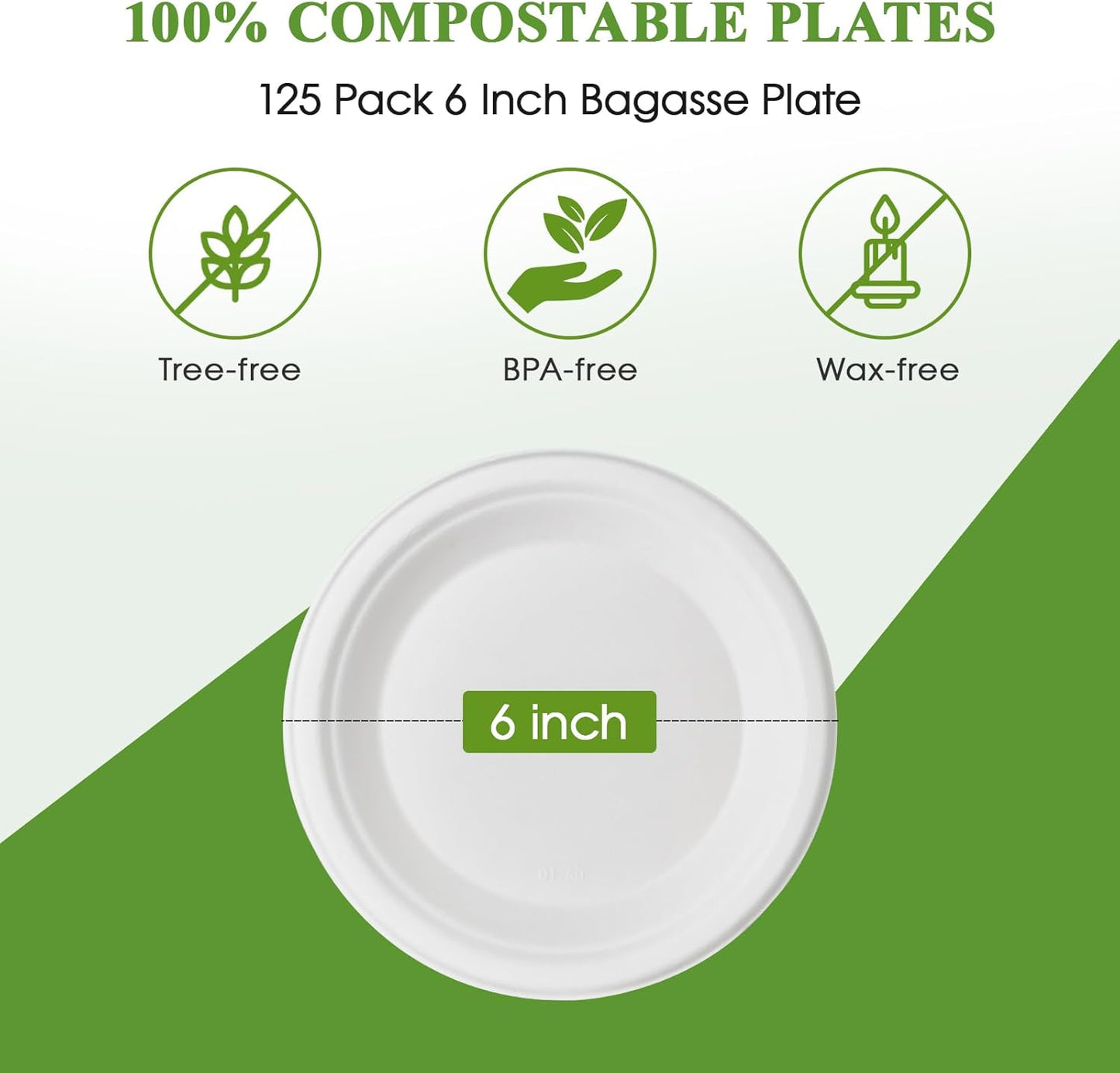 Vplus 125 Pack 6 inch Paper Plates 100% Compostable, Heavy-Duty Disposable Paper Plates Bagasse Natural Biodegradable Eco-Friendly Sugarcane（White）